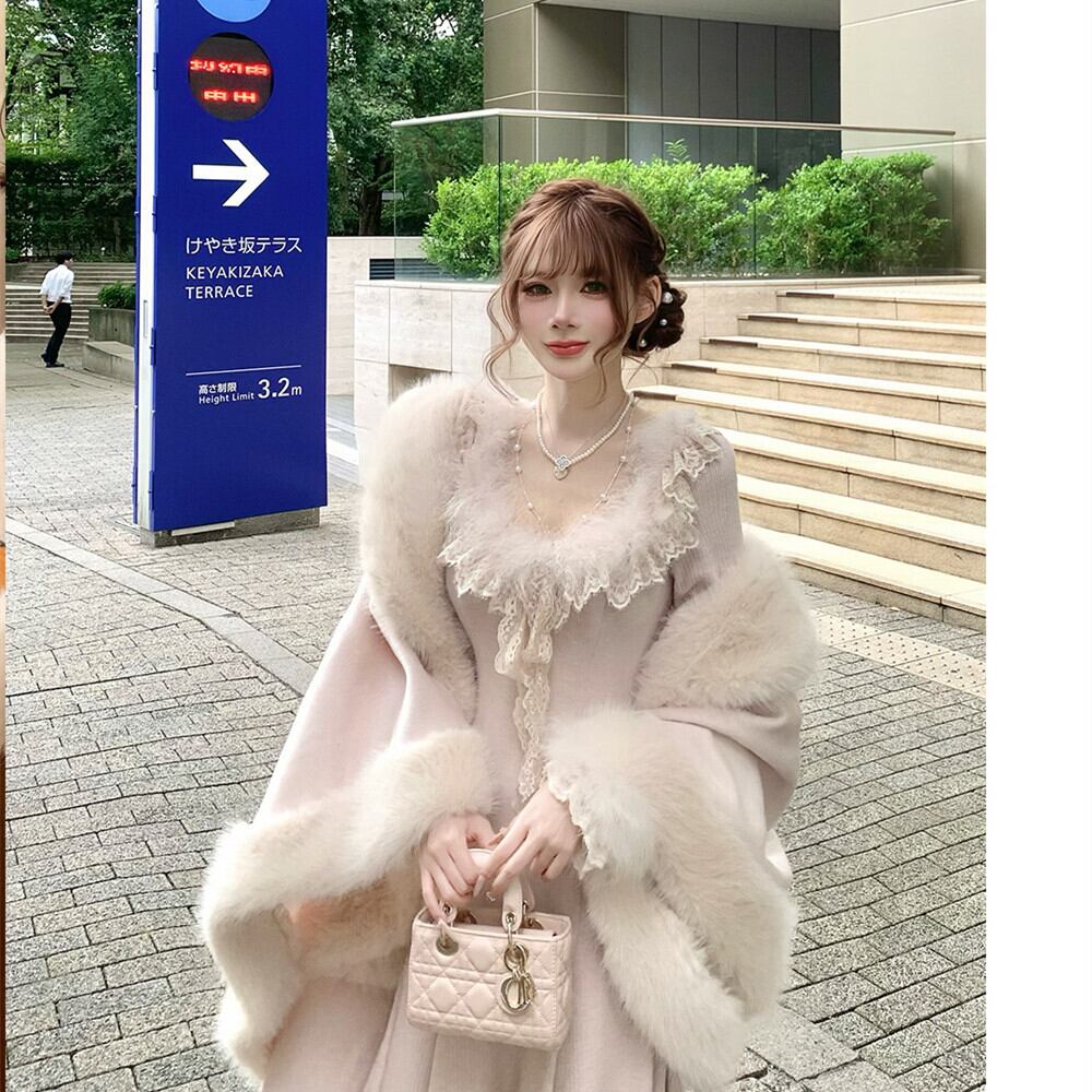 【dress】ファーレースドッキングニットワンピース　N3464