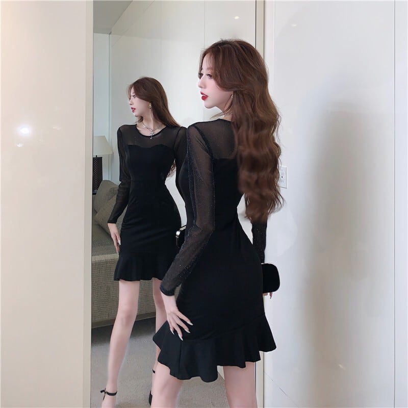 【dress】メッシュ切り替えマーメイドワンピース G20694