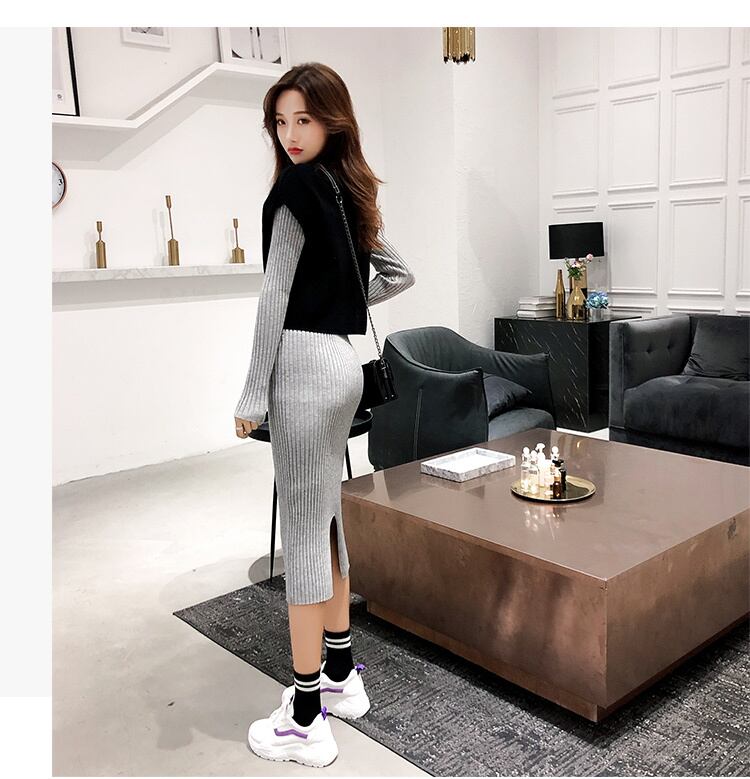 【set】秋冬新作好感度UP!気質満点ファッションベスト+ニットワンピース２点セット G3606