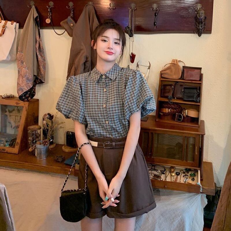 【set】チェック柄ブラウス+ショートパンツ２点セットG21352