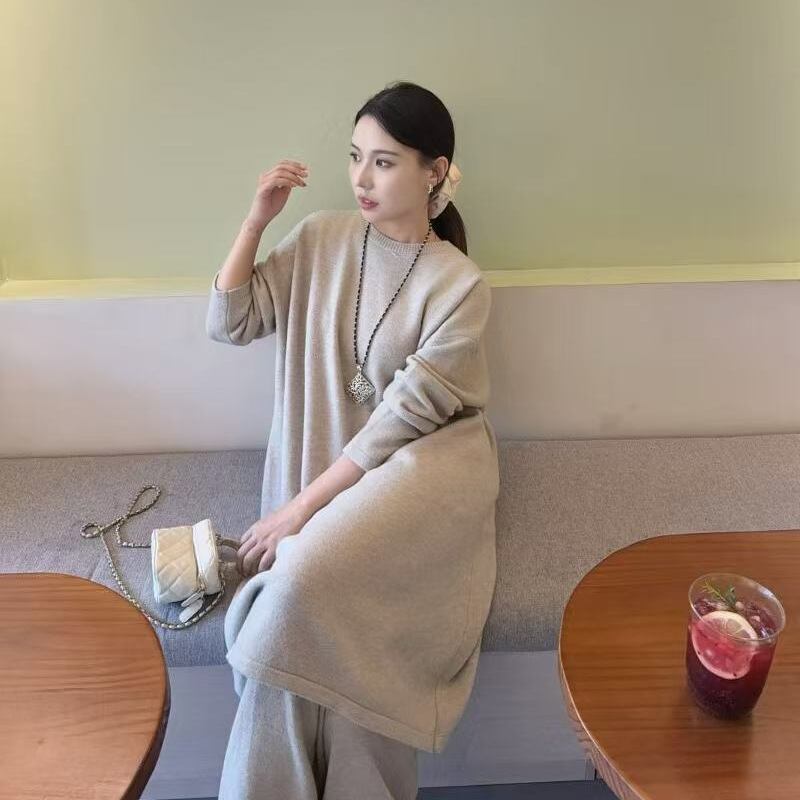 【set】ニットワンピース×ワイドパンツセット Q7246