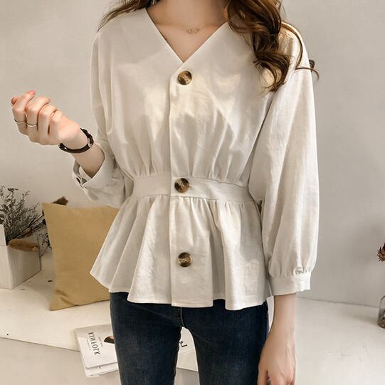 【tops】好感度満載!Vネック長袖ギャザーウェスト絞り無地ブラウス