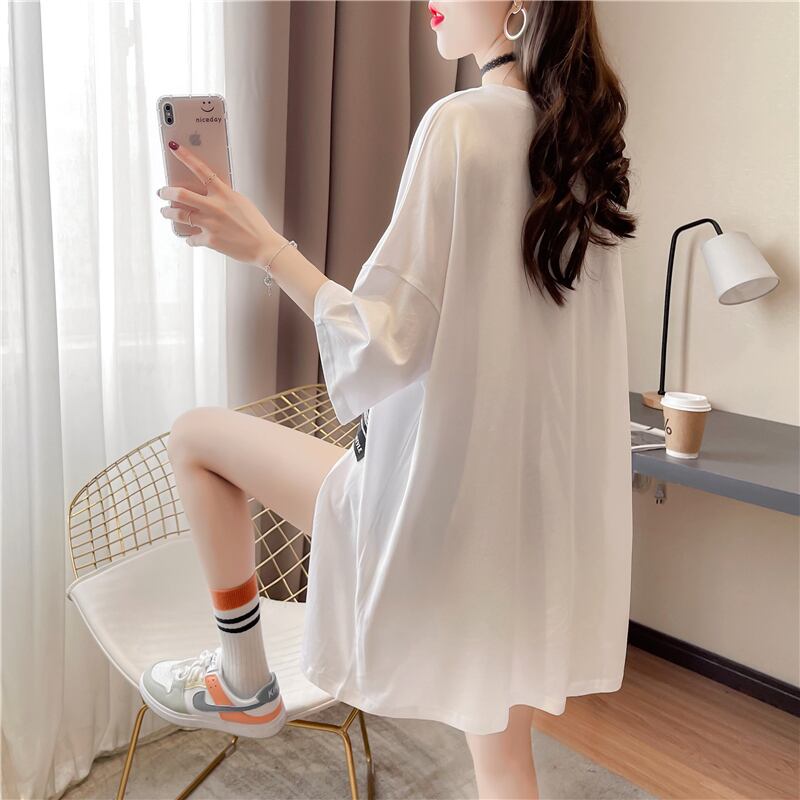 【tops】ラウンドネック半袖大きいサイズゆったりスリットTシャツF0074