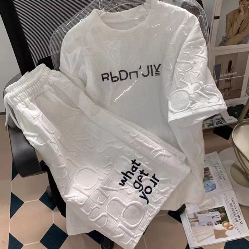 【set】英字柄Ｔシャツ+ショートパンツ2点セットF7378