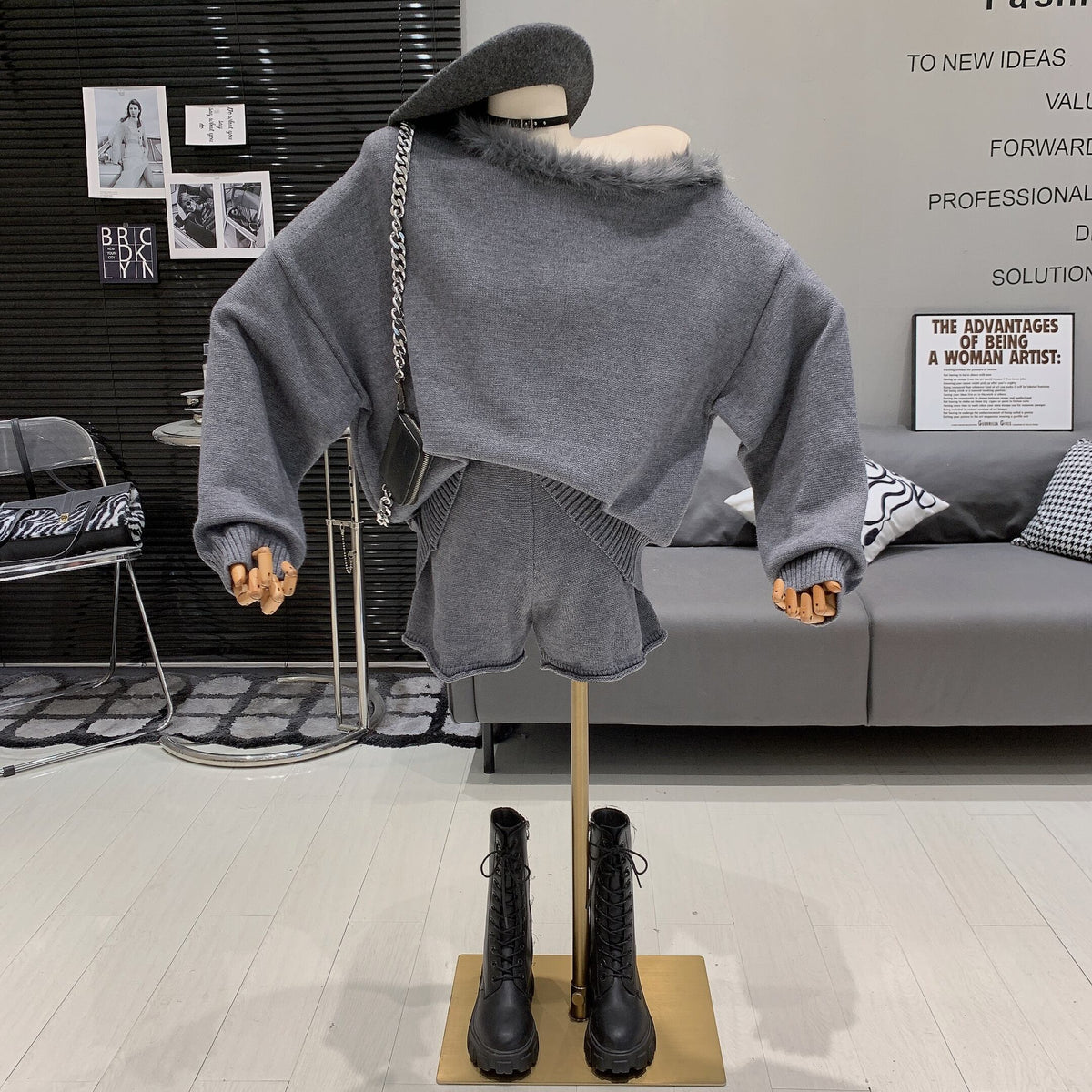 【set】ファーオフショルダーニットセーター×ショートパンツセット　M27914