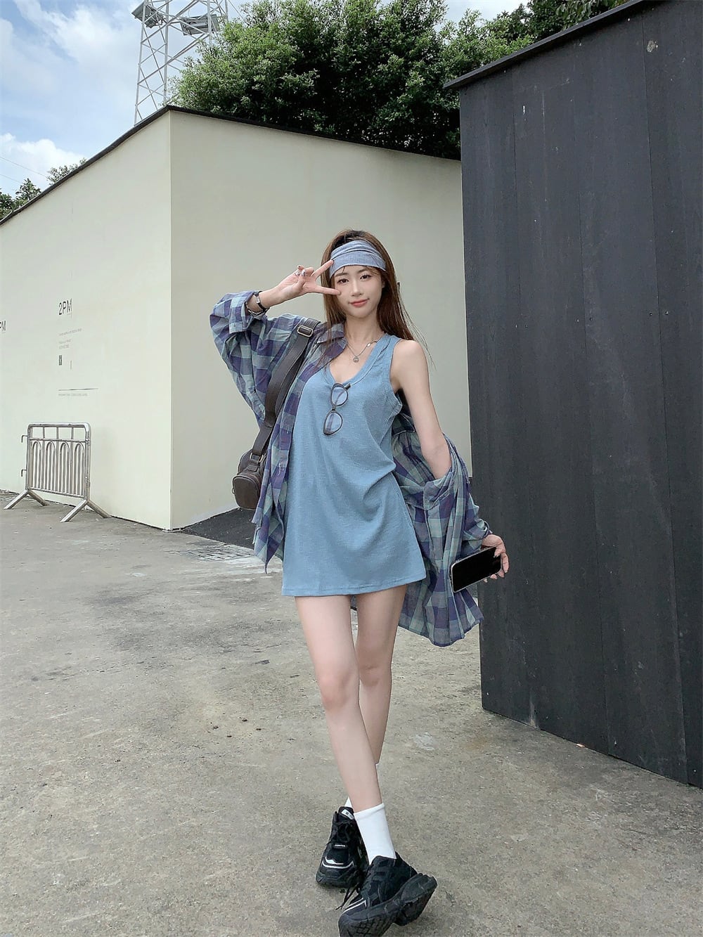 【set】ノースリーブトップス×チェック柄シャツセット　M25109