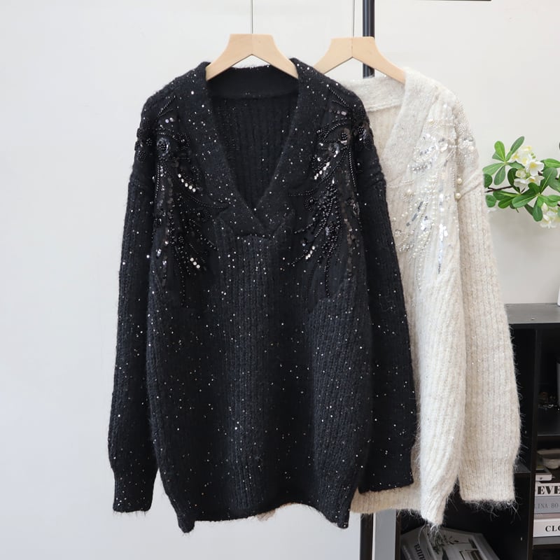 【tops】Vネックスパンコール付きニットトップス Q7436