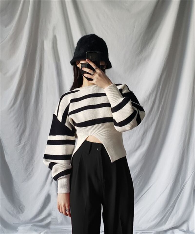 【tops】ボーダー柄ニットセーター　M18448