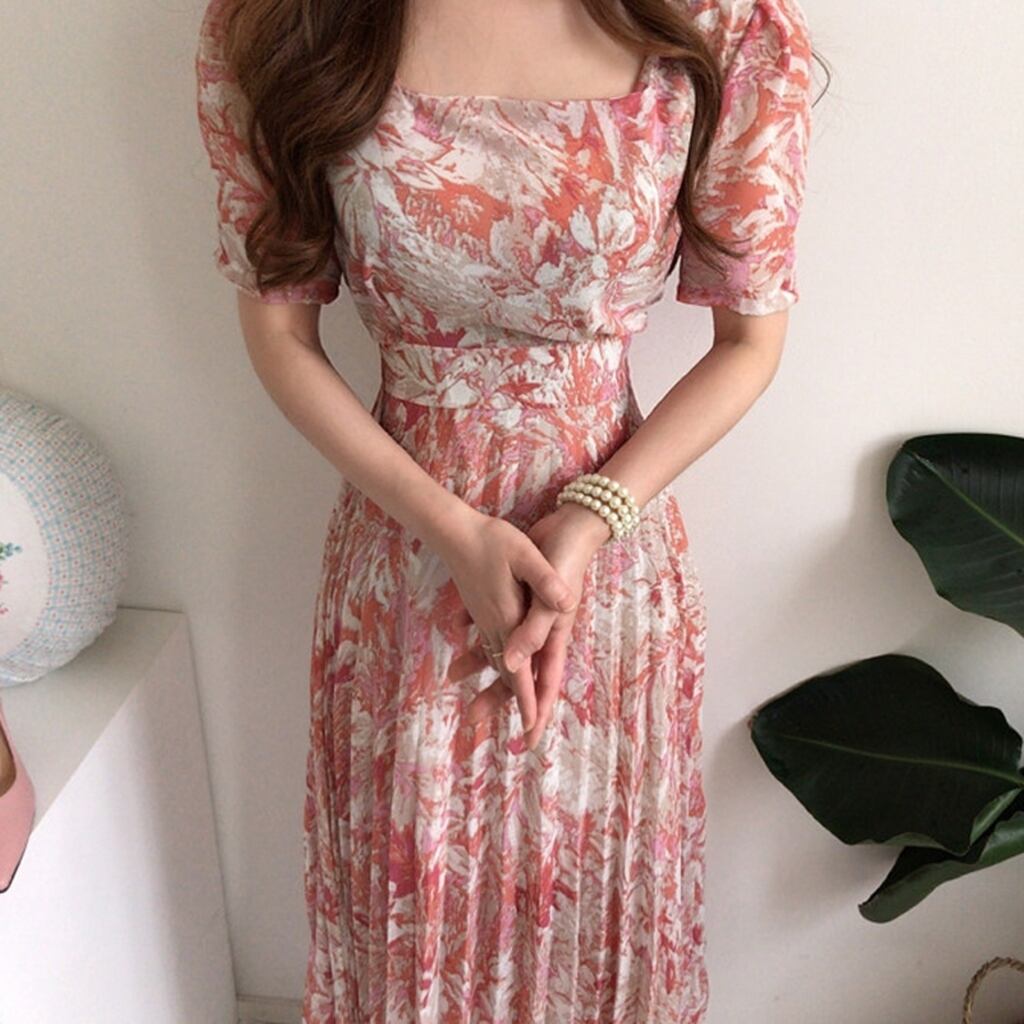 【dress】エレガント!気質満点レトロ韓流スタイルスクエアネックワンピース G6762