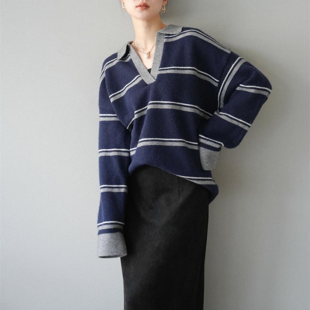 【tops】Ⅴネックボーダー柄ニットトップス N3430