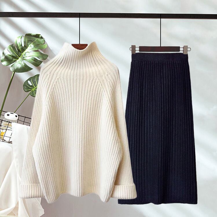 【set】気質満点オシャレ着痩せ長袖ニットセーター+スカート２点セット G4099