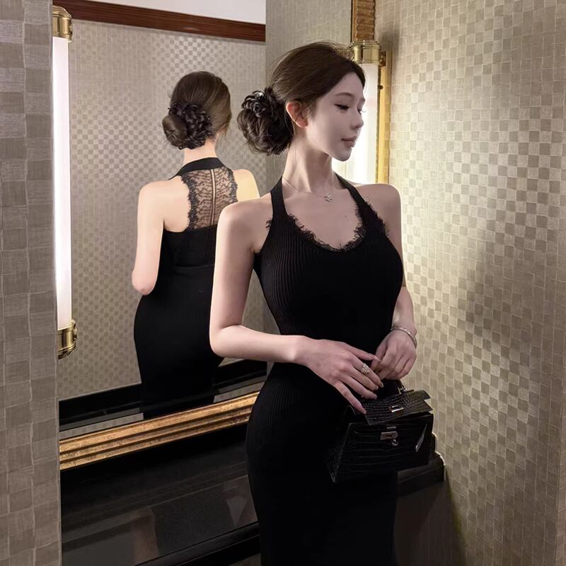 【dress】レースドッキングロングニットワンピース Q8002