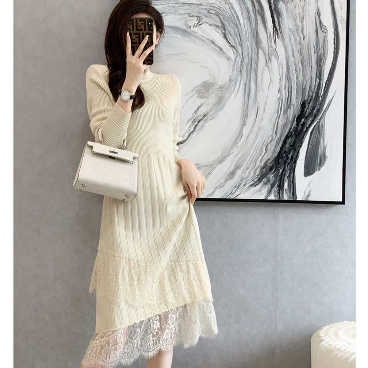 【dress】レースドッキングニットワンピース 　N2226
