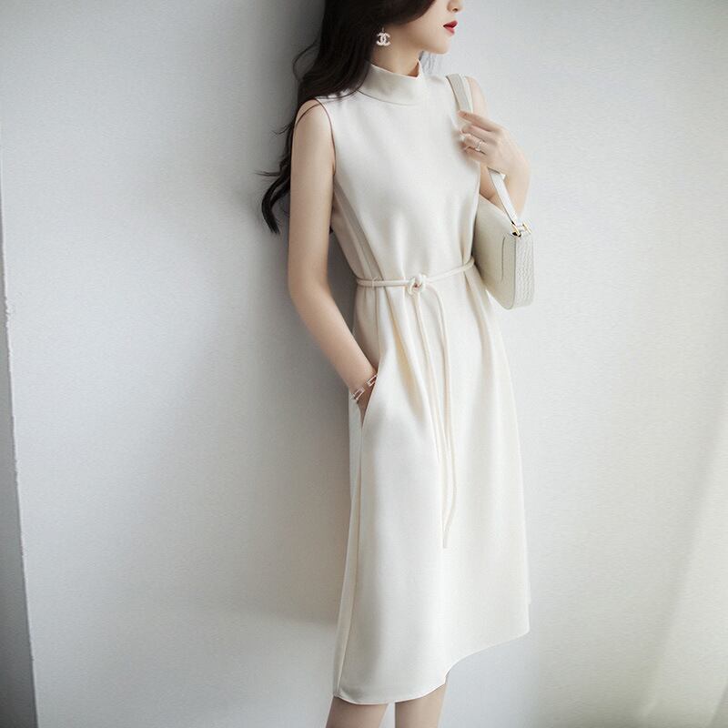 【dress】女性力を高める〜エレガントOL通勤ハーフネックノースリーブ無地韓国ファッションワンピースF2161