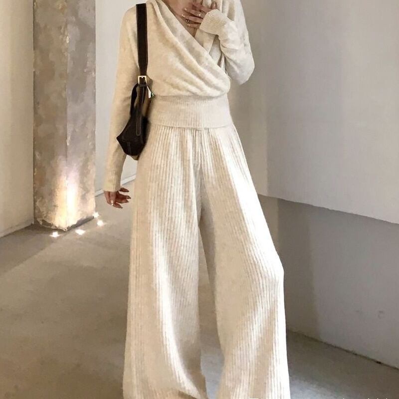【set】クロスネックニットトップス×ワイドパンツセット Q7598