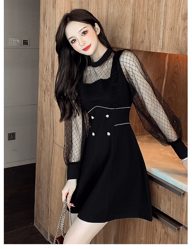 【dress】エレガント!気質満点レトロ切り替え長袖体型カバー着痩せ春フランス風ワンピース G5325