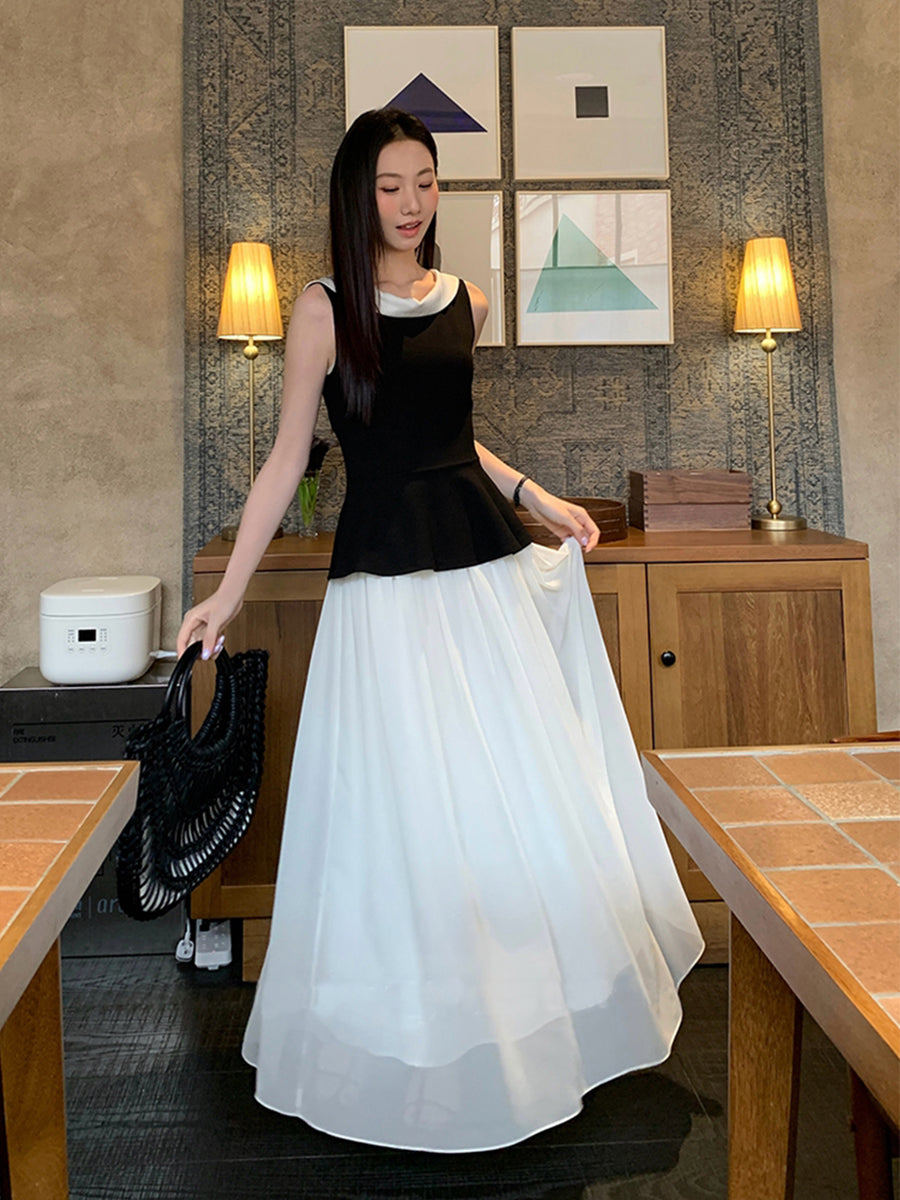【dress】ノースリーブ配色ロングワンピース Q8749