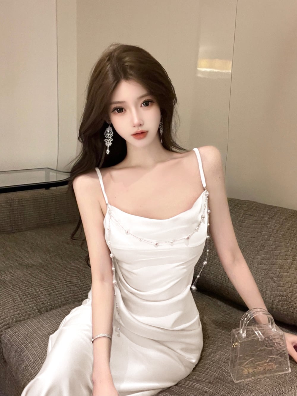 【dress】パール付きロングキャミワンピース Q7994
