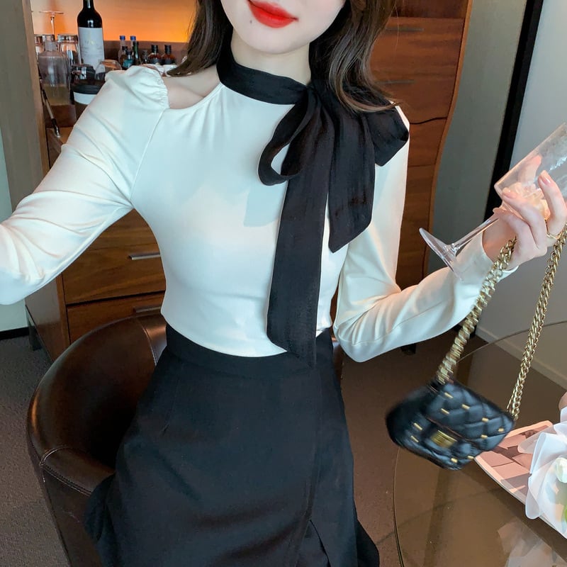 【tops】リボン付きオフショルダートップス　M29380