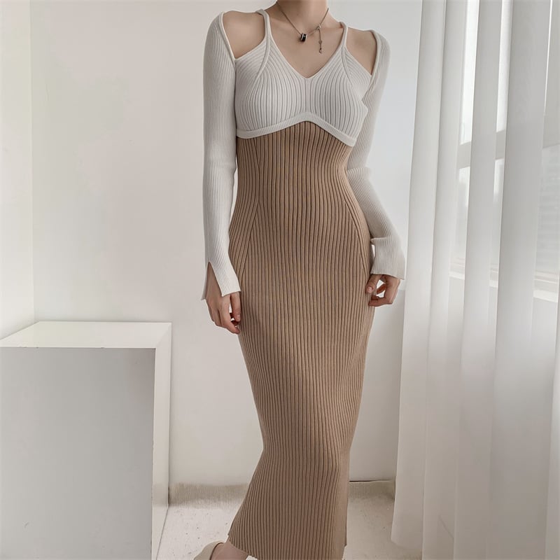 【dress】配色ニットワンピース　M25545
