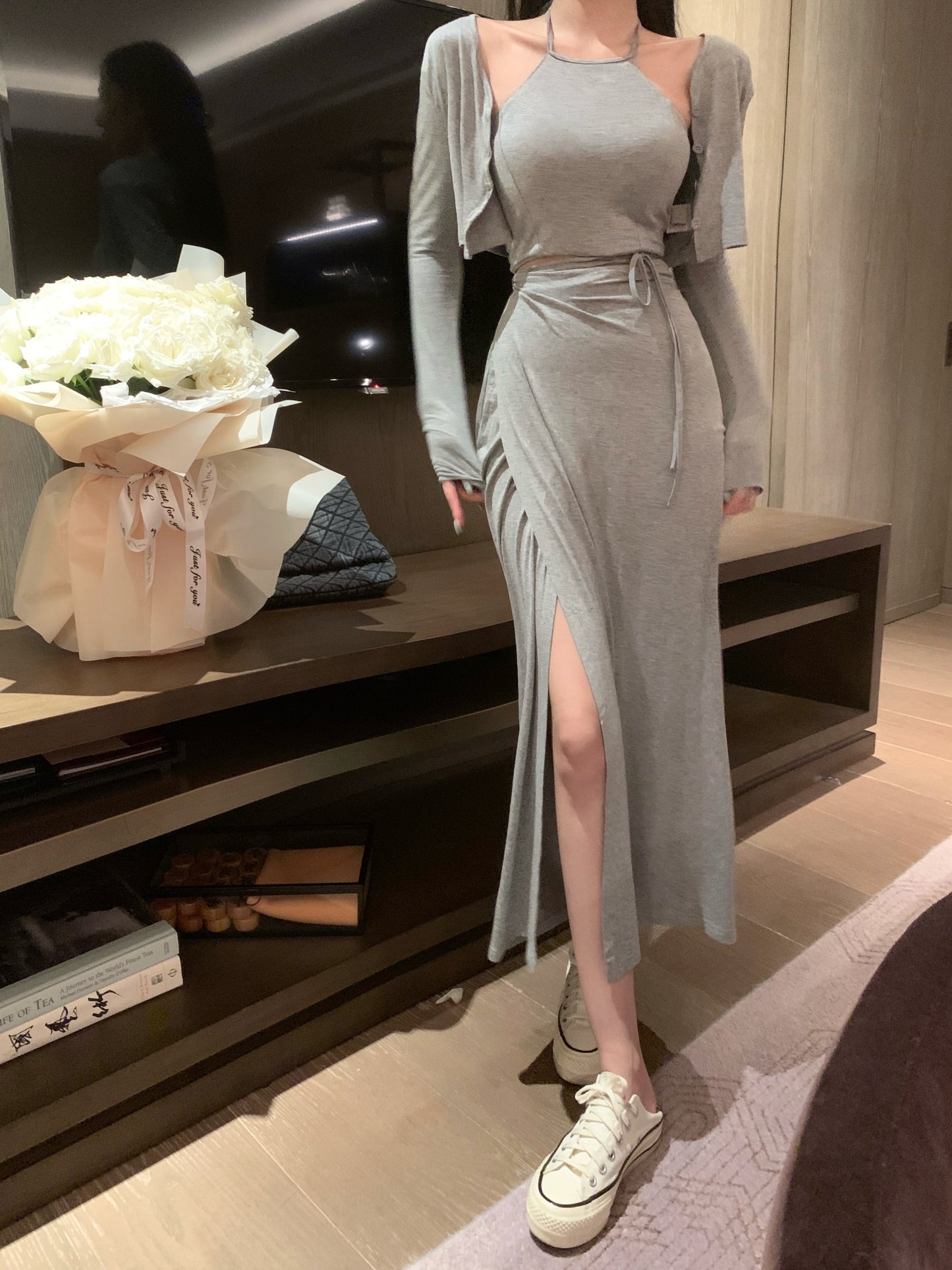 【set】カーディガン+キャミソール+スカート3点セットG21668