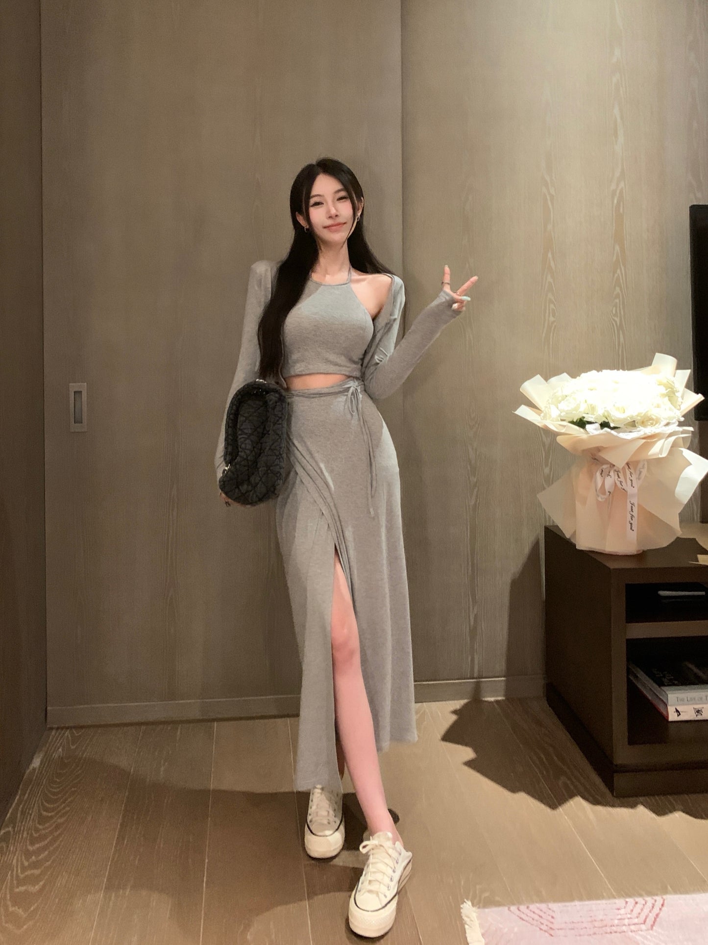 【set】カーディガン+キャミソール+スカート3点セットG21668