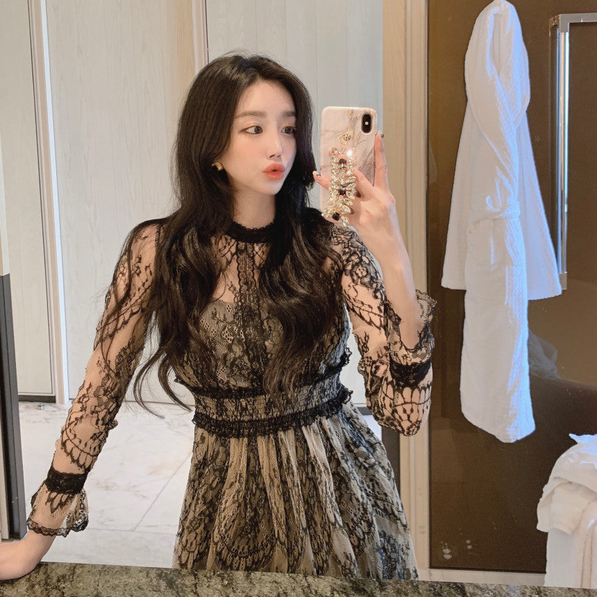 【dress】スタンドネック長袖レースワンピースG21725