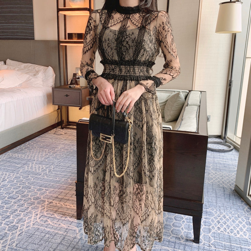 【dress】スタンドネック長袖レースワンピースG21725