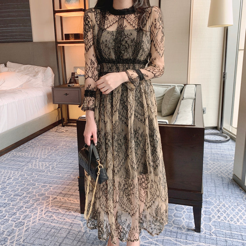 【dress】スタンドネック長袖レースワンピースG21725