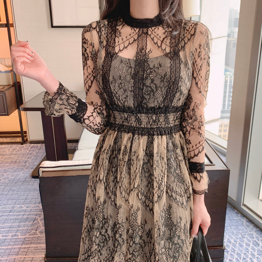 【dress】スタンドネック長袖レースワンピースG21725