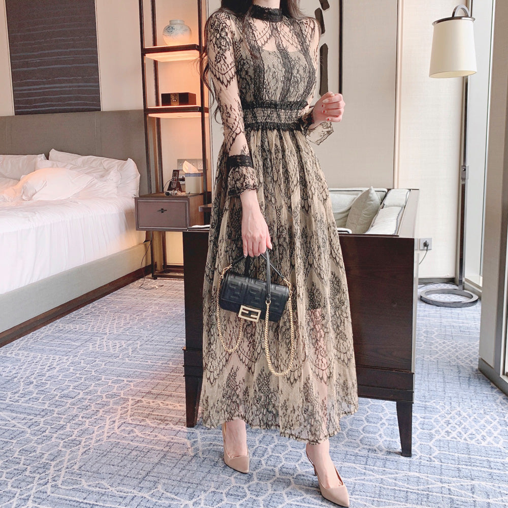 【dress】スタンドネック長袖レースワンピースG21725