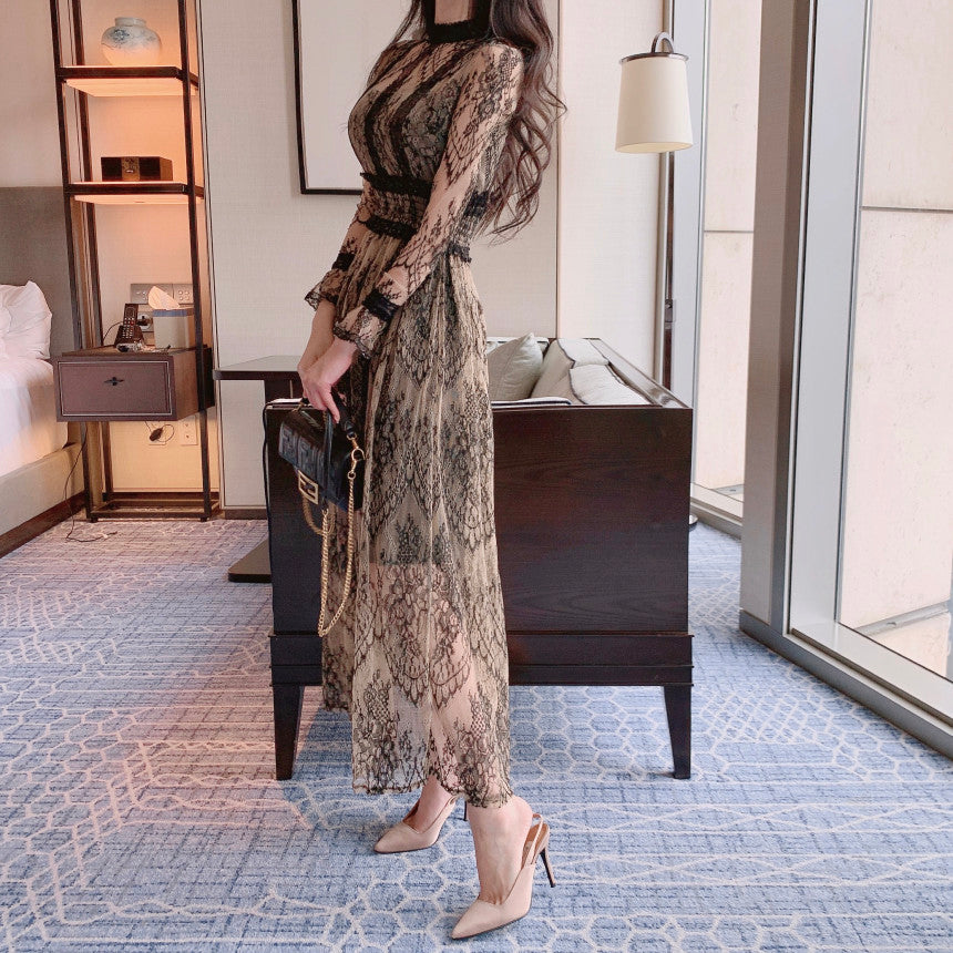 【dress】スタンドネック長袖レースワンピースG21725