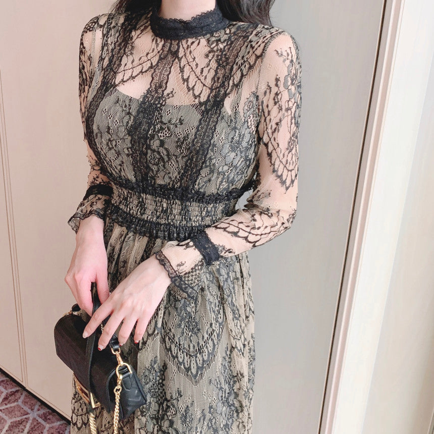 【dress】スタンドネック長袖レースワンピースG21725