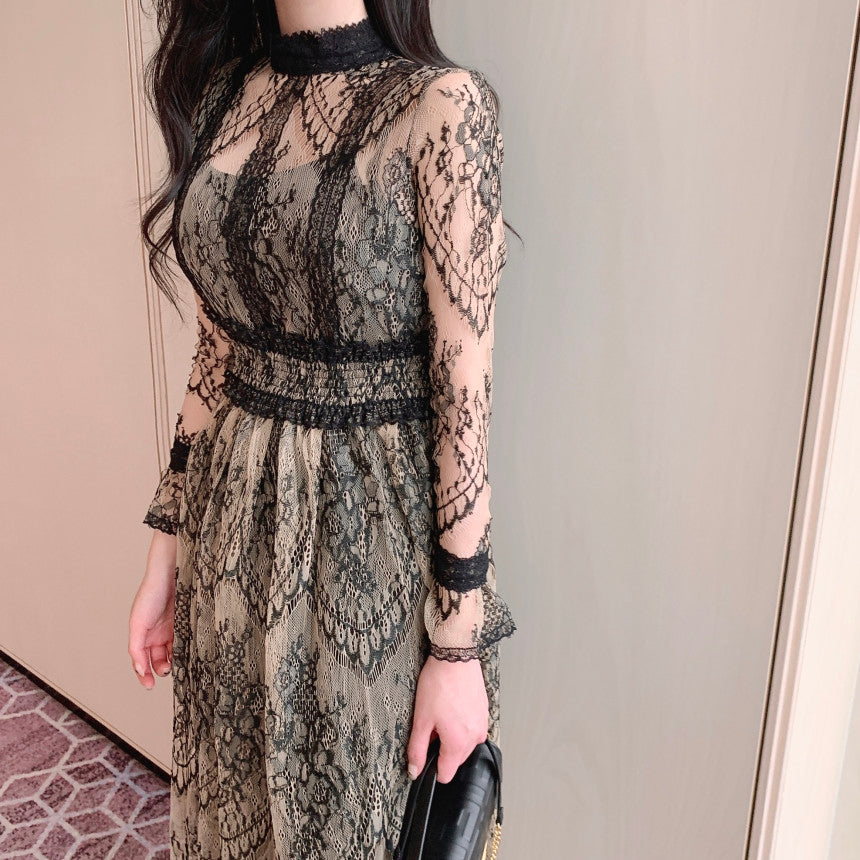 【dress】スタンドネック長袖レースワンピースG21725