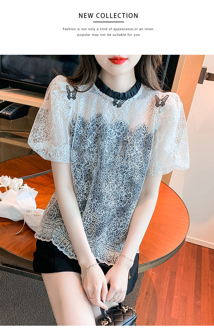 【tops】ラウンドネックレースパフスリーブTシャツG21764