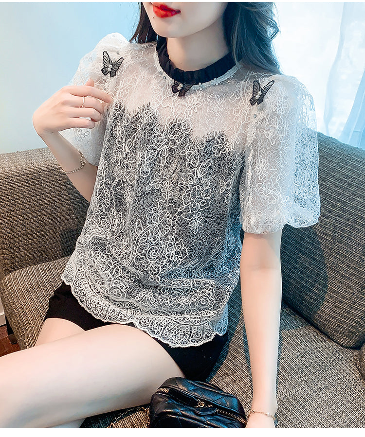 【tops】ラウンドネックレースパフスリーブTシャツG21764