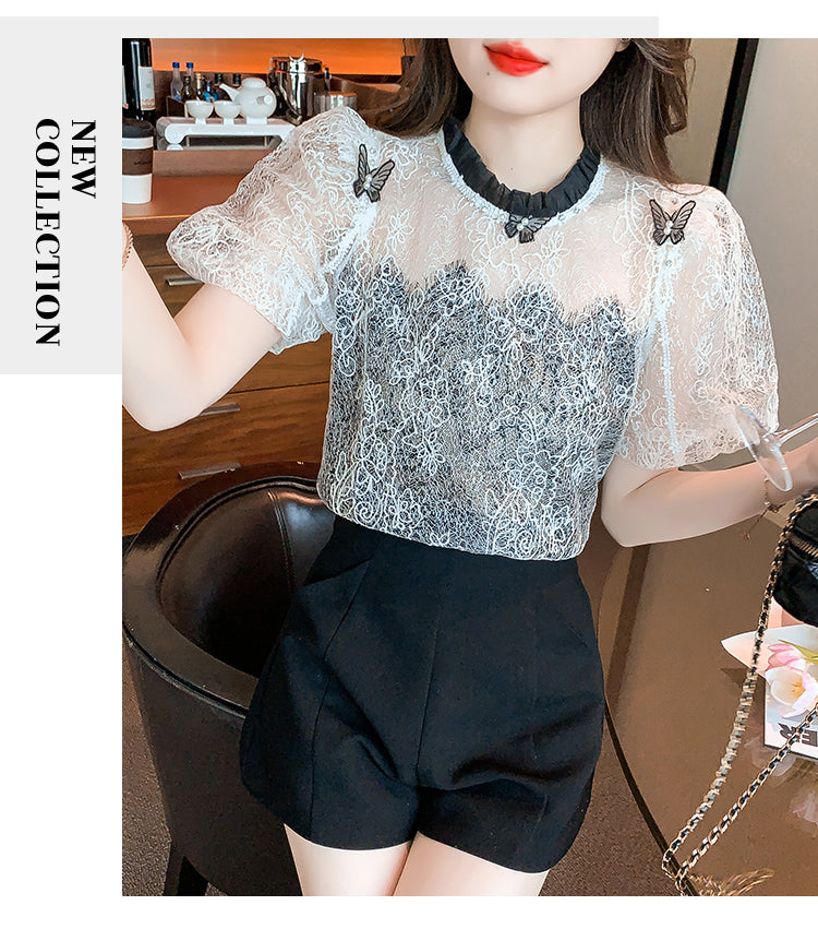 【tops】ラウンドネックレースパフスリーブTシャツG21764