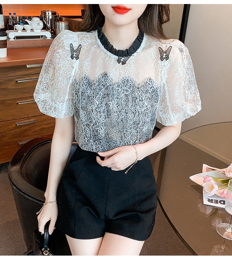 【tops】ラウンドネックレースパフスリーブTシャツG21764