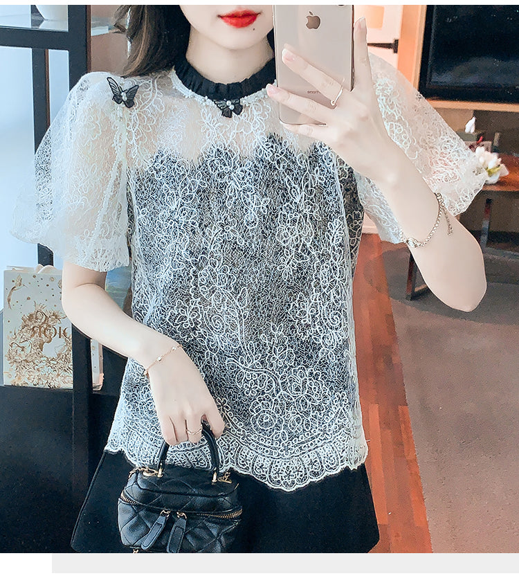 【tops】ラウンドネックレースパフスリーブTシャツG21764