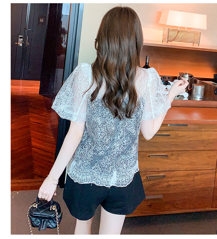 【tops】ラウンドネックレースパフスリーブTシャツG21764
