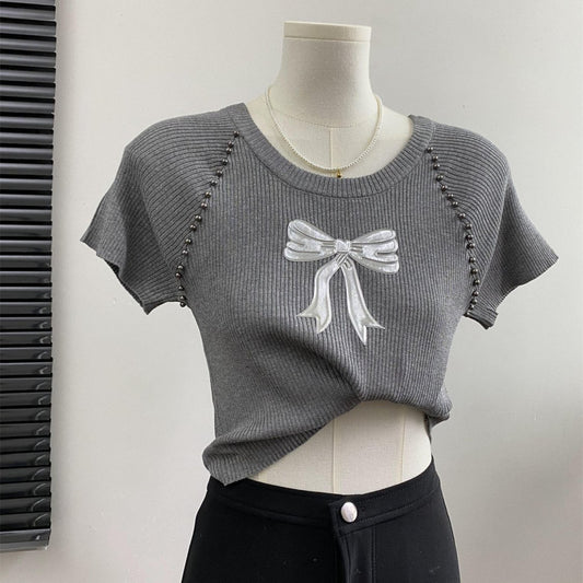 【tops】ラウンドネックリボンニットトップスG22037