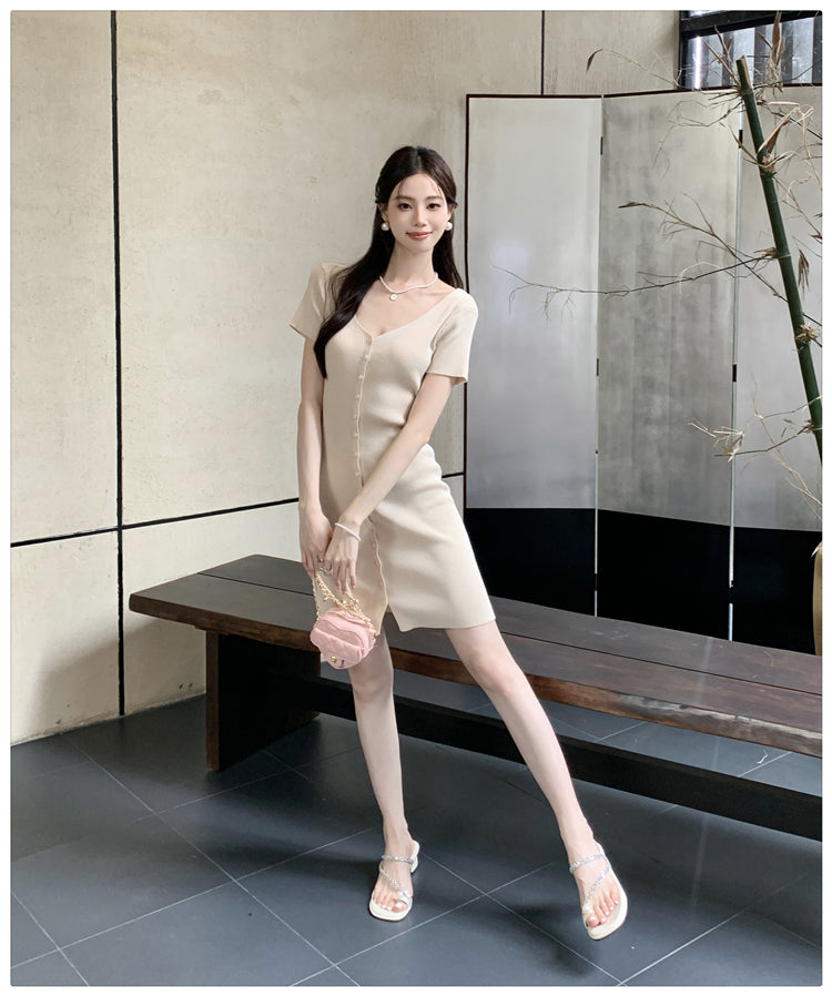 【dress】VネックタイトニットワンピースG22100