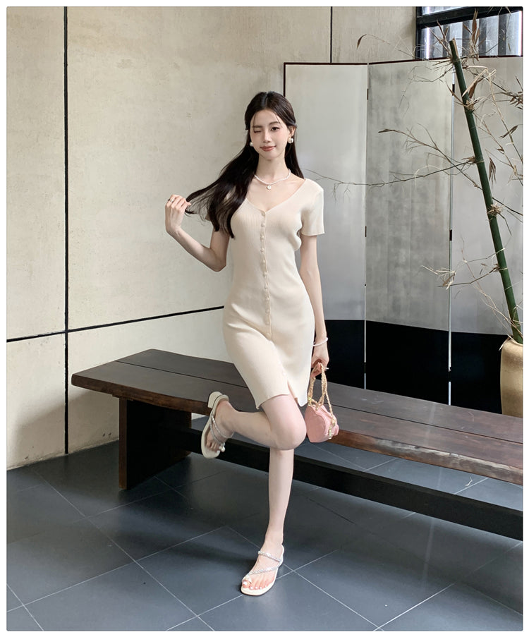 【dress】VネックタイトニットワンピースG22100