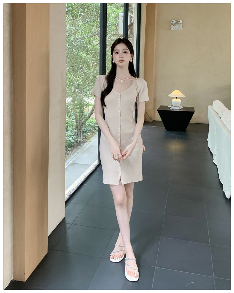 【dress】VネックタイトニットワンピースG22100