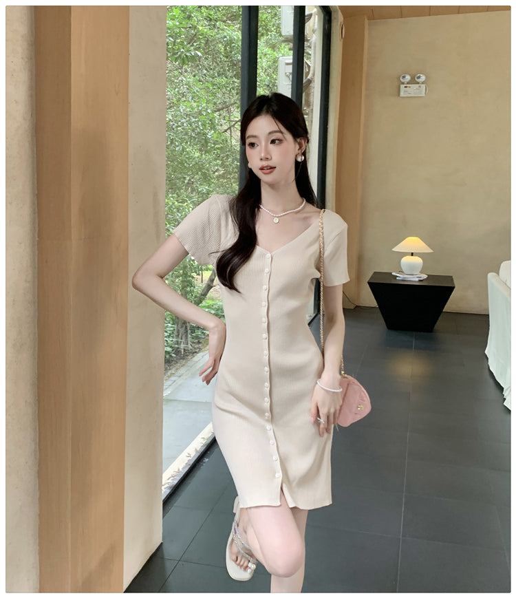 【dress】VネックタイトニットワンピースG22100