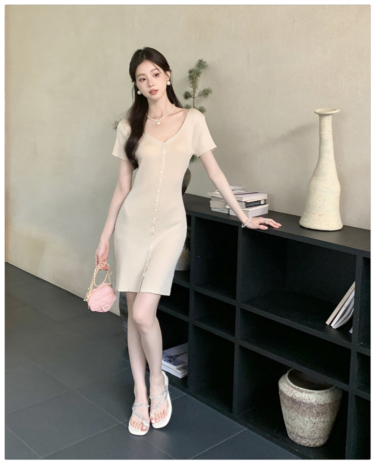 【dress】VネックタイトニットワンピースG22100