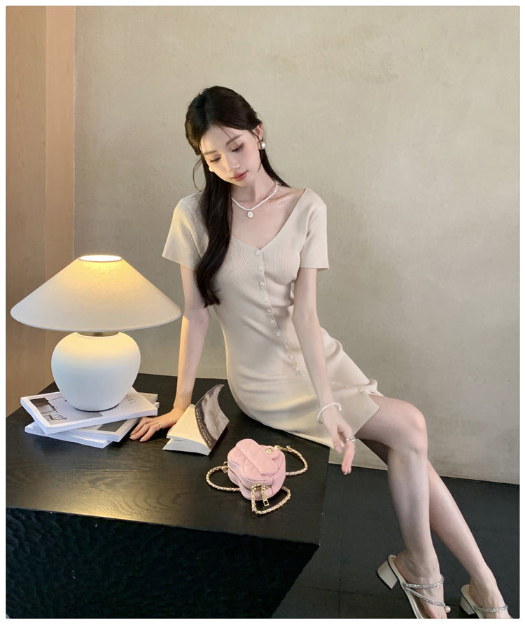 【dress】VネックタイトニットワンピースG22100