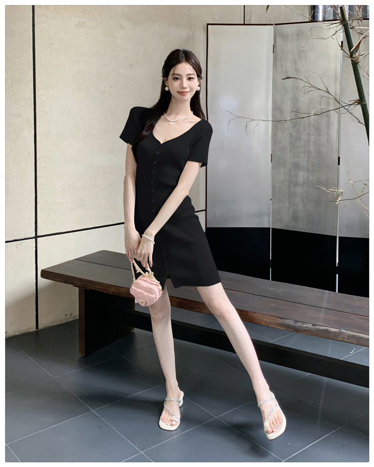 【dress】VネックタイトニットワンピースG22100