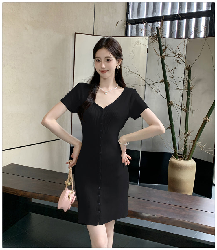 【dress】VネックタイトニットワンピースG22100