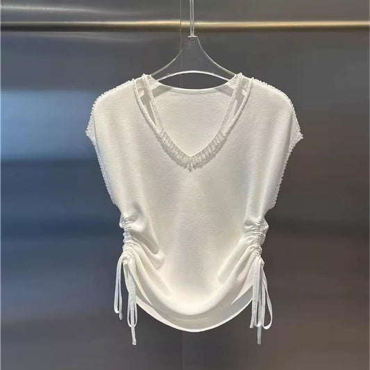 【tops】2色VネックニットTシャツG22358